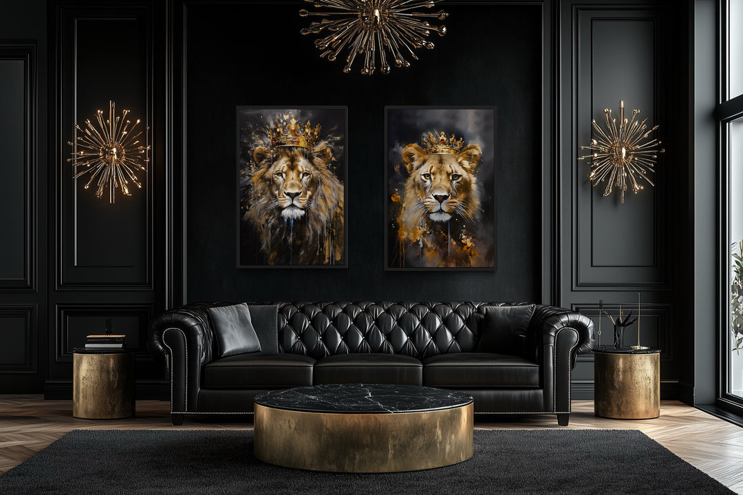 Lion And Lioness With Crowns Black Gold Framed Canvas Wall Art