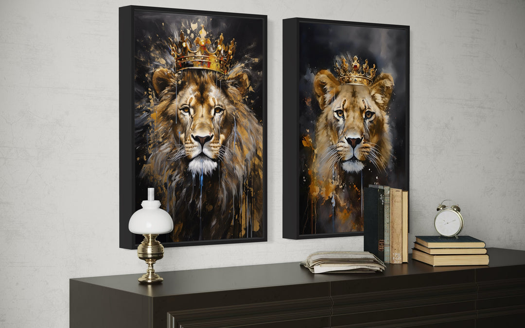 Lion And Lioness With Crowns Black Gold Framed Canvas Wall Art