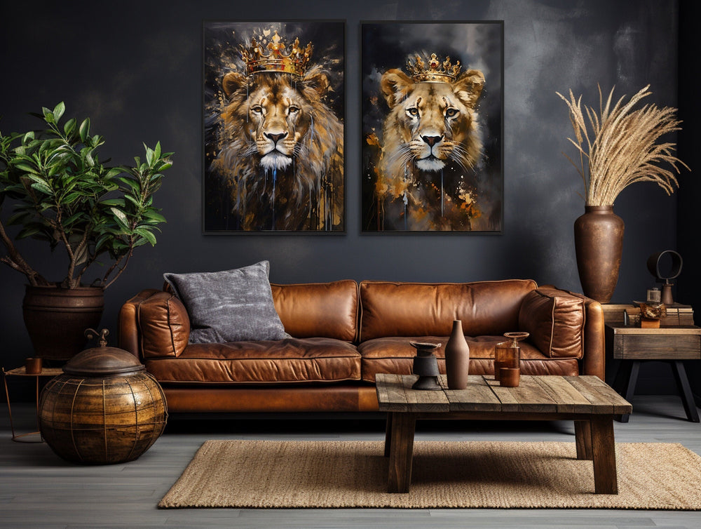 Lion And Lioness With Crowns Black Gold Framed Canvas Wall Art