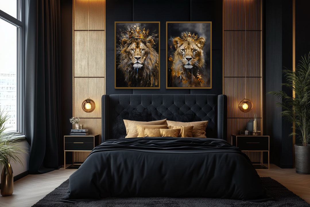 Set of two framed canvas wall art pieces featuring a lion and lioness wearing gold crowns.