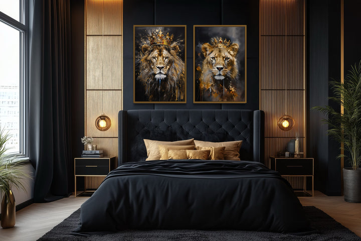 Set of two framed canvas wall art pieces featuring a lion and lioness wearing gold crowns.