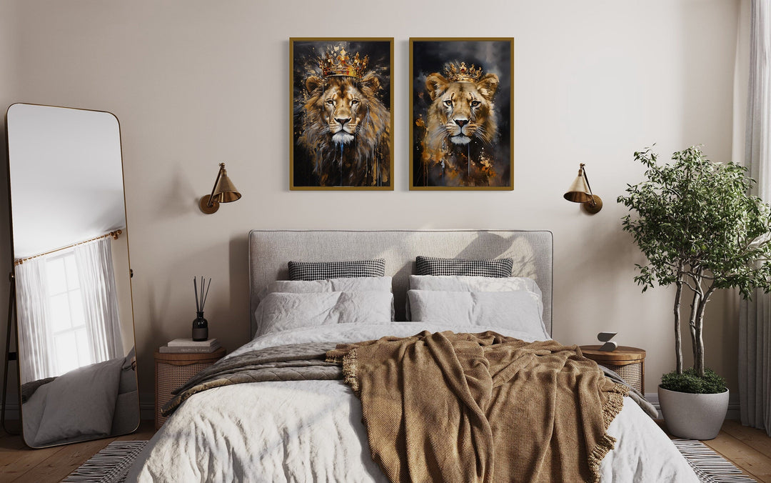 Lion And Lioness With Crowns Black Gold Framed Canvas Wall Art