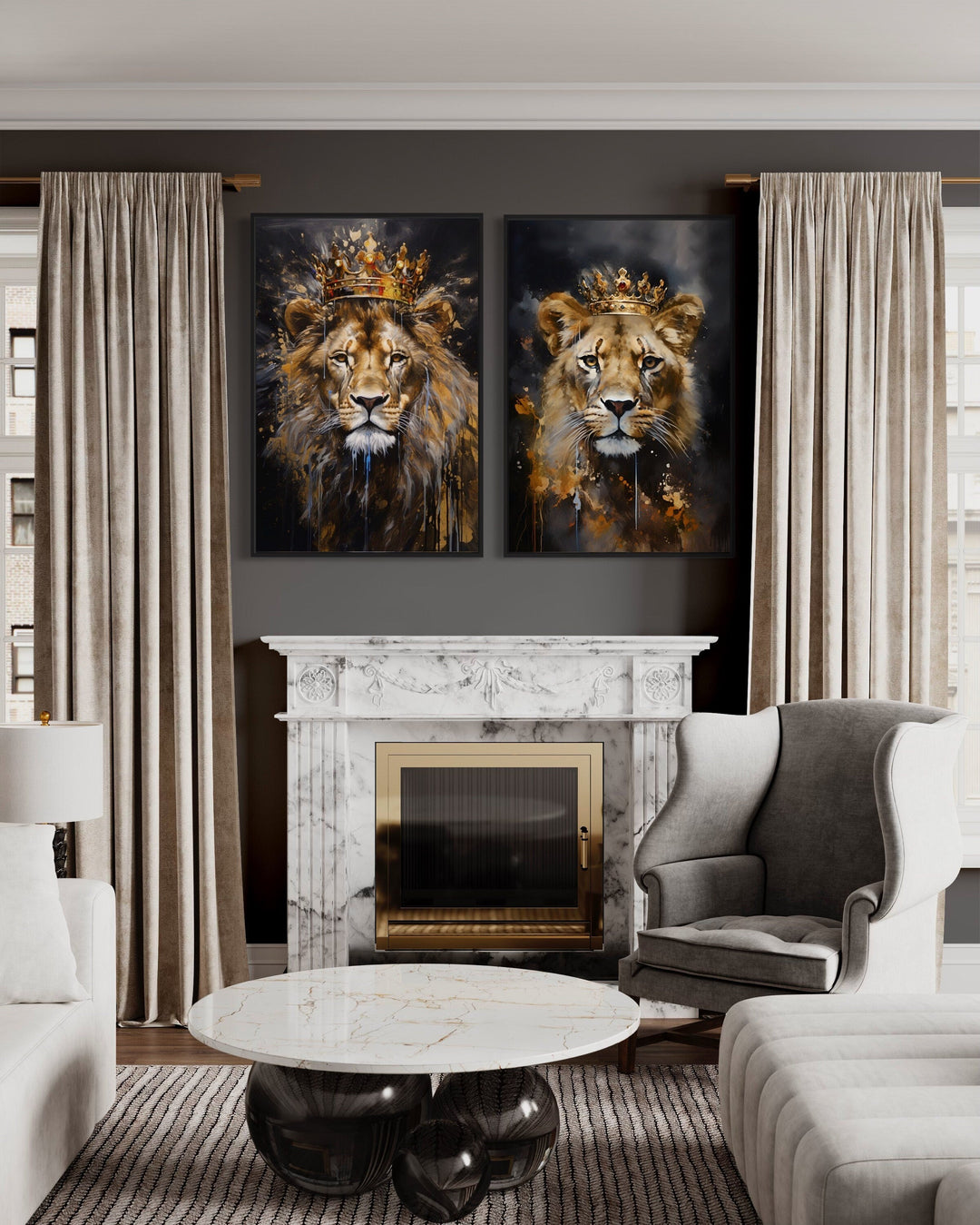 Two framed canvas prints of a lion and lioness wearing gold crowns above a marble fireplace.