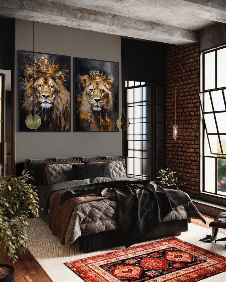 Lion And Lioness With Crowns Black Gold Framed Canvas Wall Art