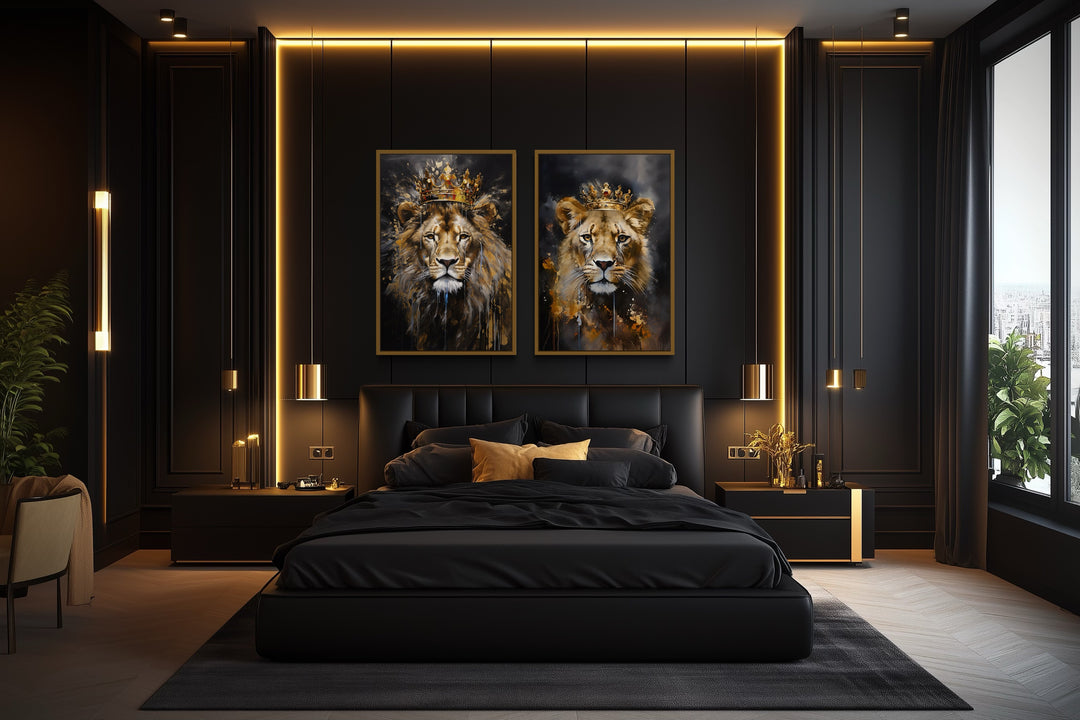 Lion And Lioness With Crowns Black Gold Framed Canvas Wall Art