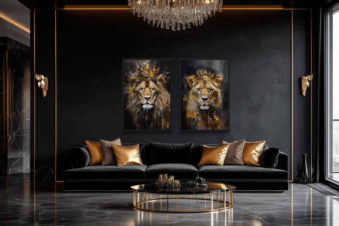 Lion And Lioness With Crowns Black Gold Framed Canvas Wall Art