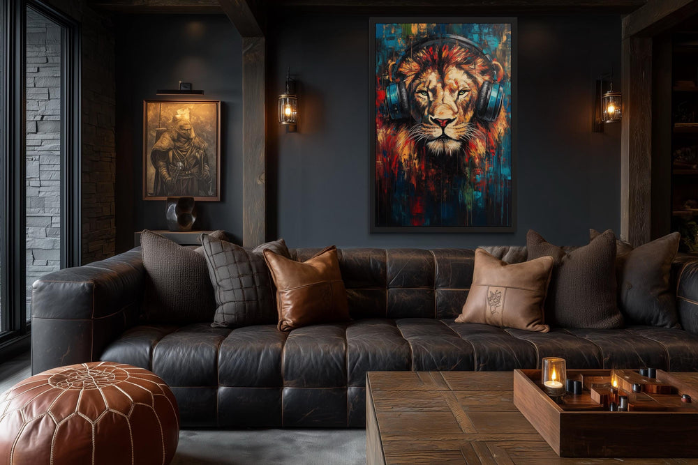 Lion DJ With Headphones Framed Wall Art For Man Cave