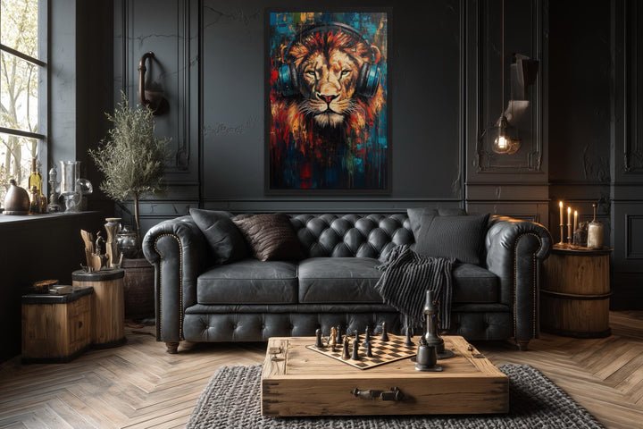 Lion DJ With Headphones Framed Wall Art For Man Cave