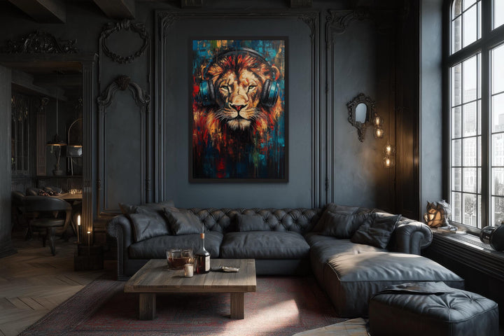 Lion DJ With Headphones Framed Wall Art For Man Cave