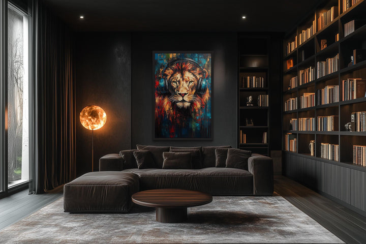 Lion DJ With Headphones Framed Wall Art For Man Cave