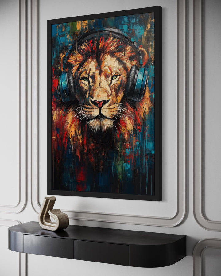 Lion DJ With Headphones Framed Wall Art For Man Cave