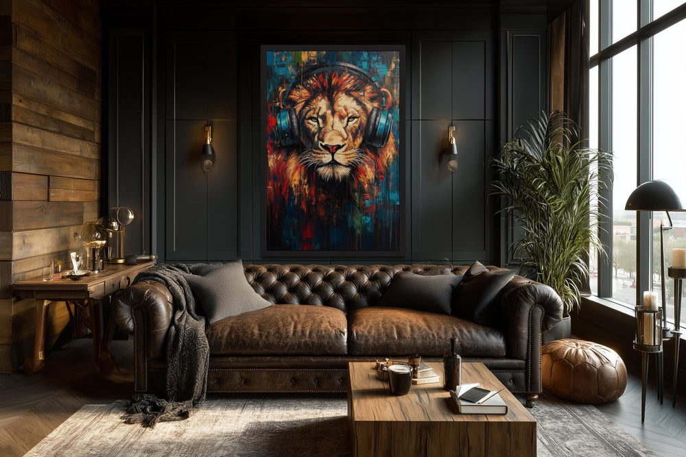 Framed wall art of a lion wearing headphones with vibrant colors.