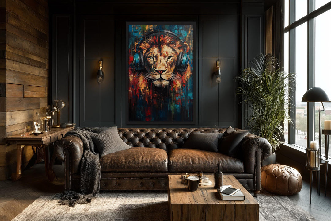 Lion DJ With Headphones Framed Wall Art For Man Cave