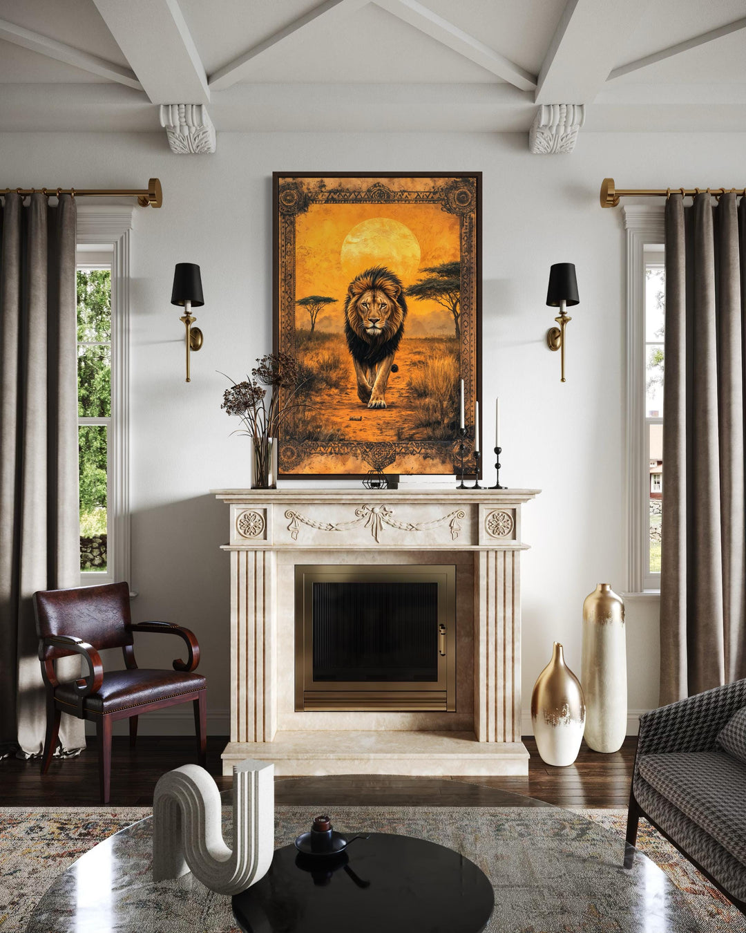 A framed canvas print of a lion walking through the African savanna at sunset above a fireplace.