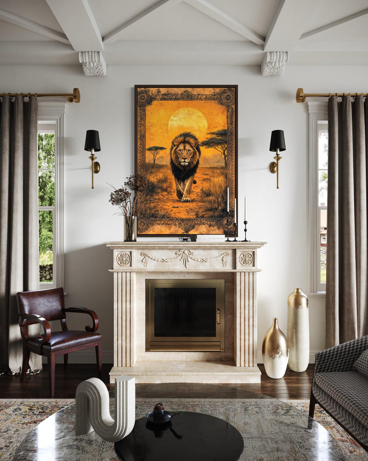 A framed canvas print of a lion walking through the African savanna at sunset above a fireplace.