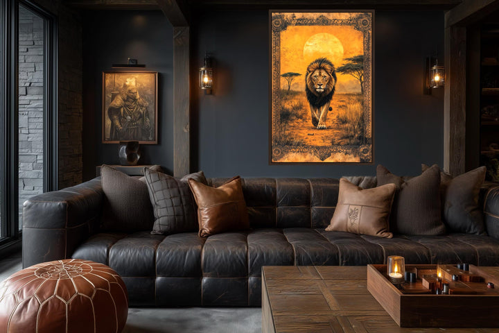 Lion in African savanna at sunset canvas wall art hanging in a dark, modern living room.
