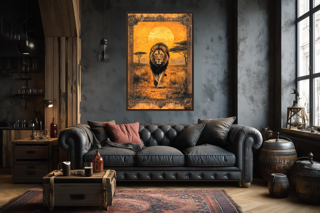 Lion in African savanna at sunset canvas wall art hanging in a dark, rustic living room.