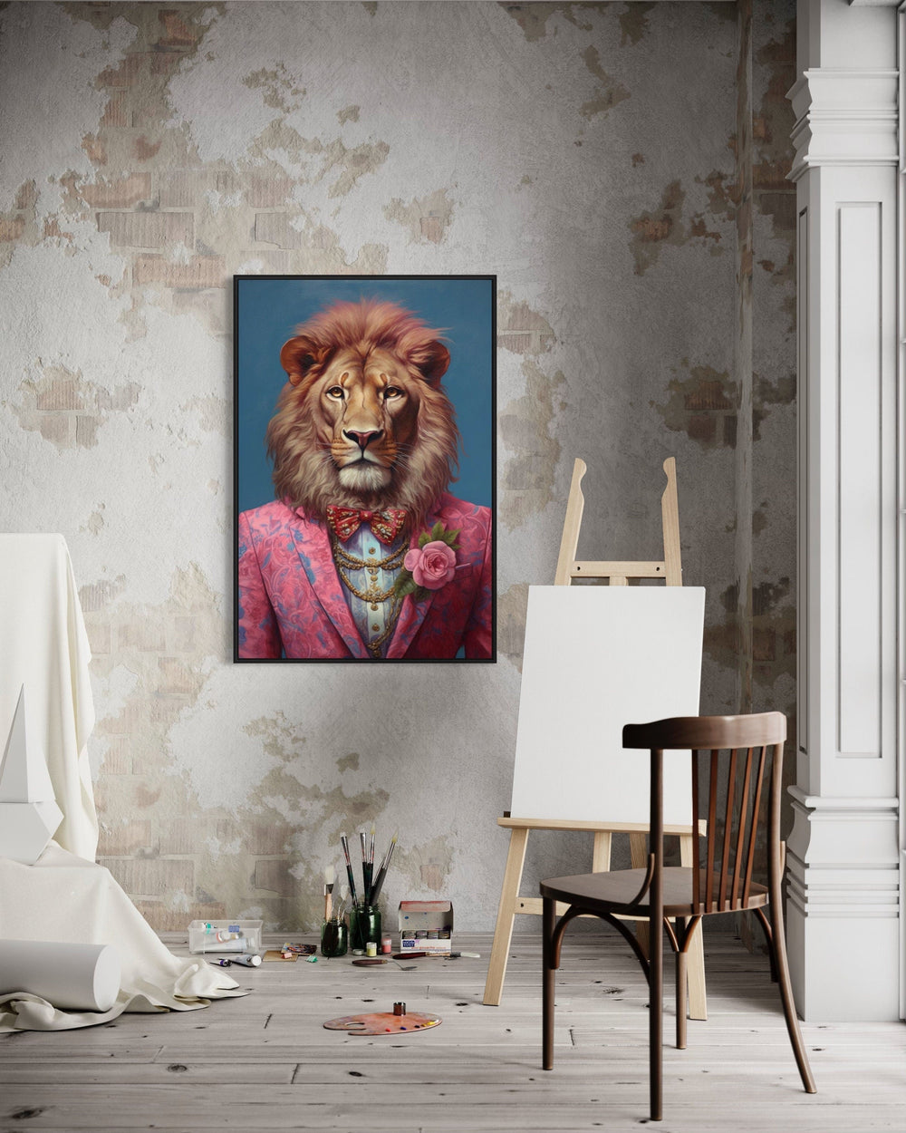 Lion In Pink Suit Maximalist Framed Canvas Wall Art