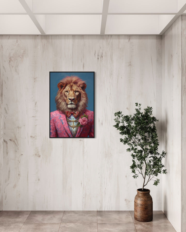 Lion In Pink Suit Maximalist Framed Canvas Wall Art