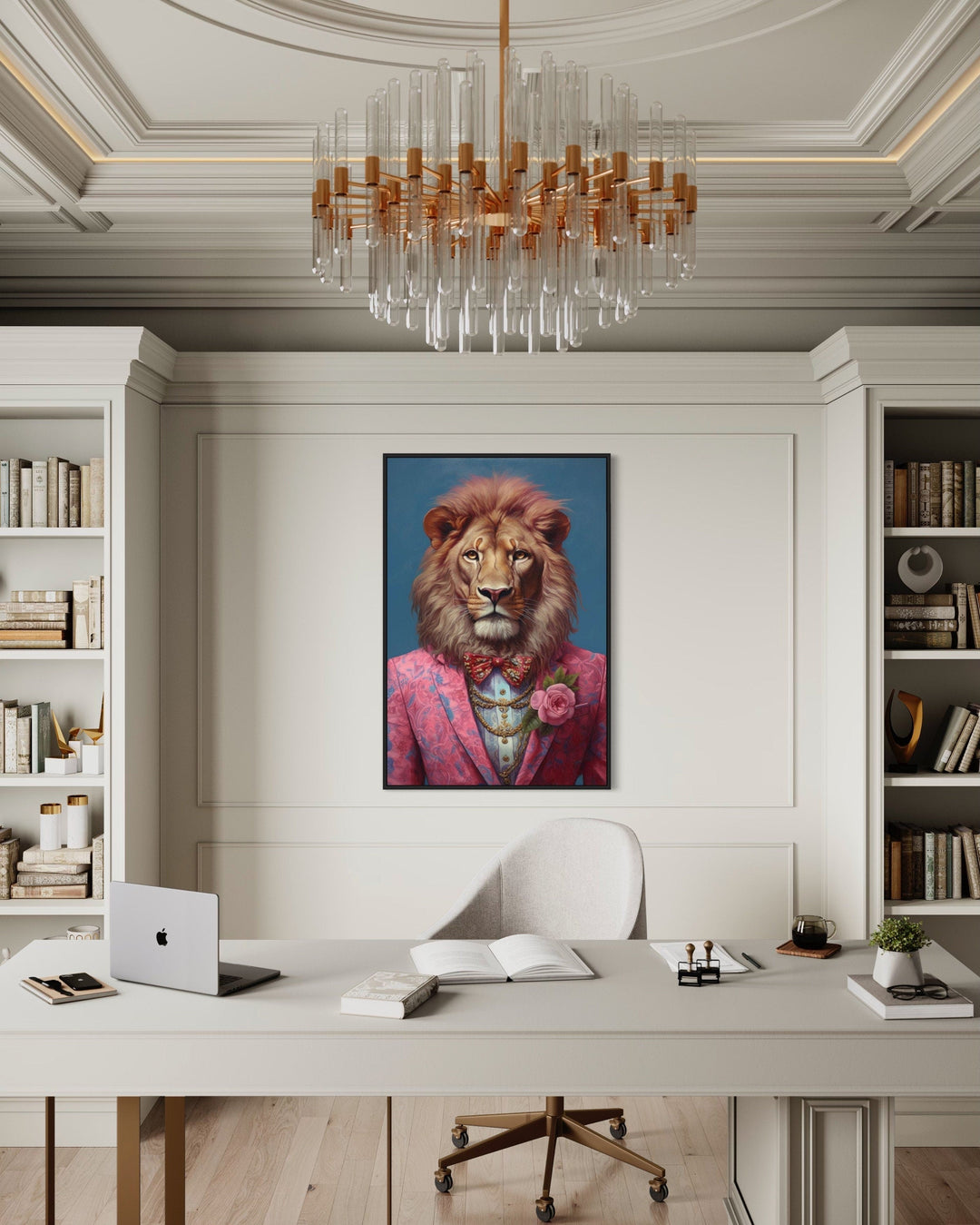 Lion In Pink Suit Maximalist Framed Canvas Wall Art