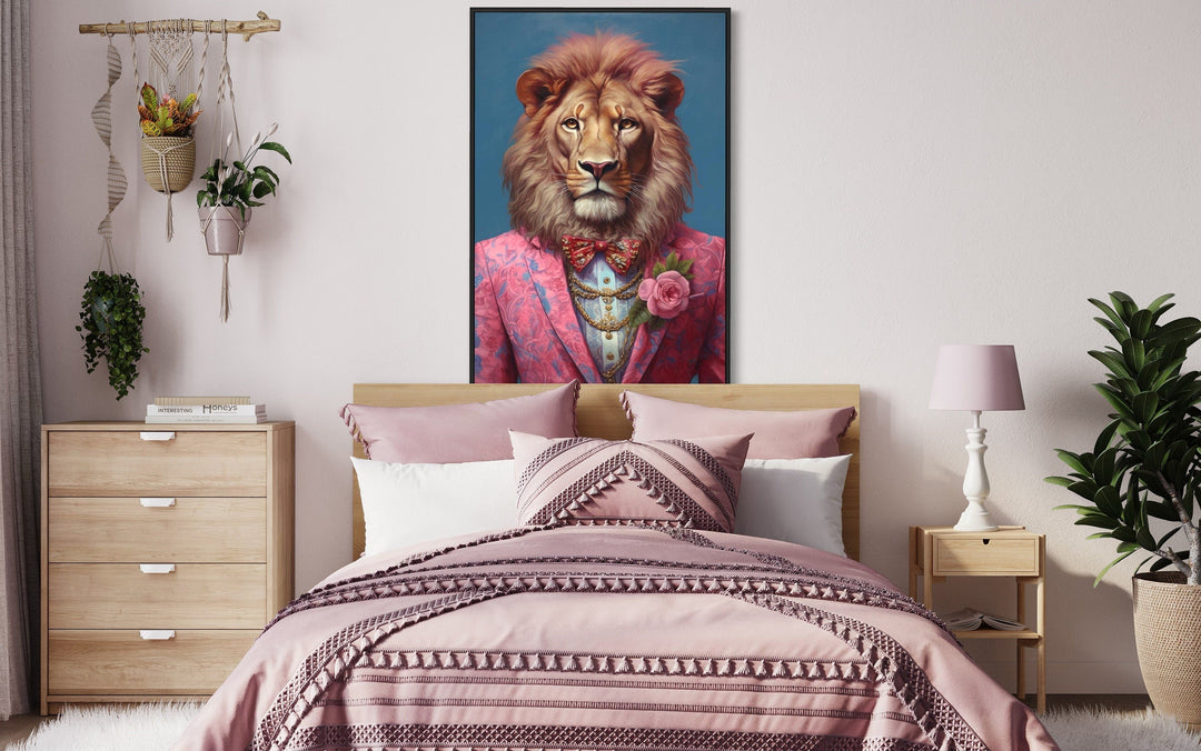 Lion In Pink Suit Maximalist Framed Canvas Wall Art