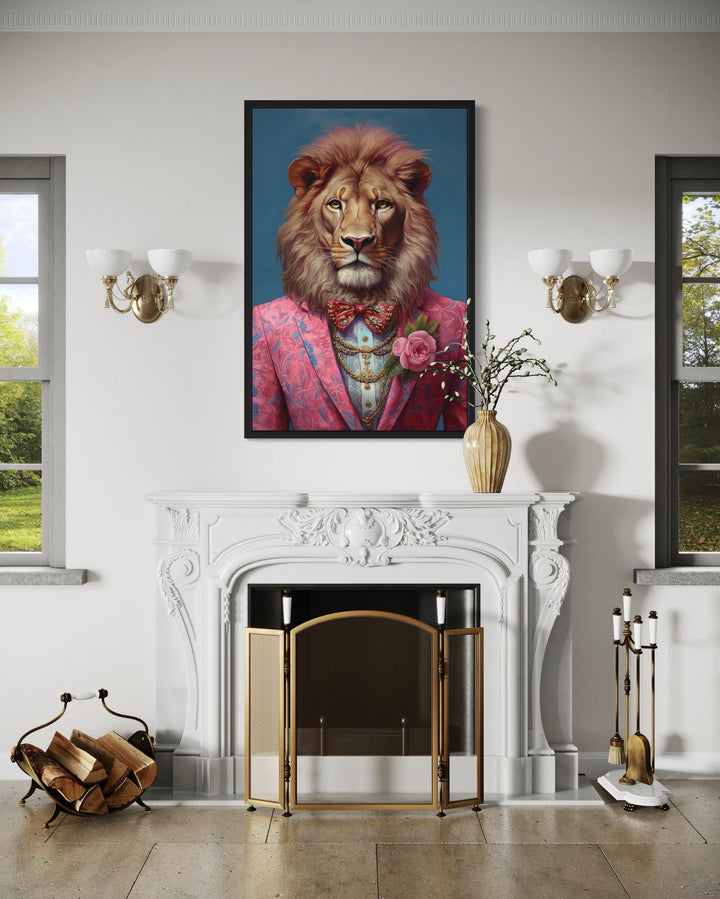 Lion In Pink Suit Maximalist Framed Canvas Wall Art