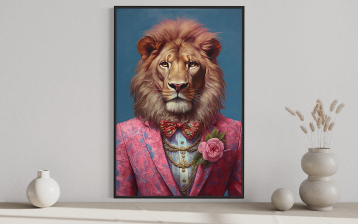 Lion In Pink Suit Maximalist Framed Canvas Wall Art