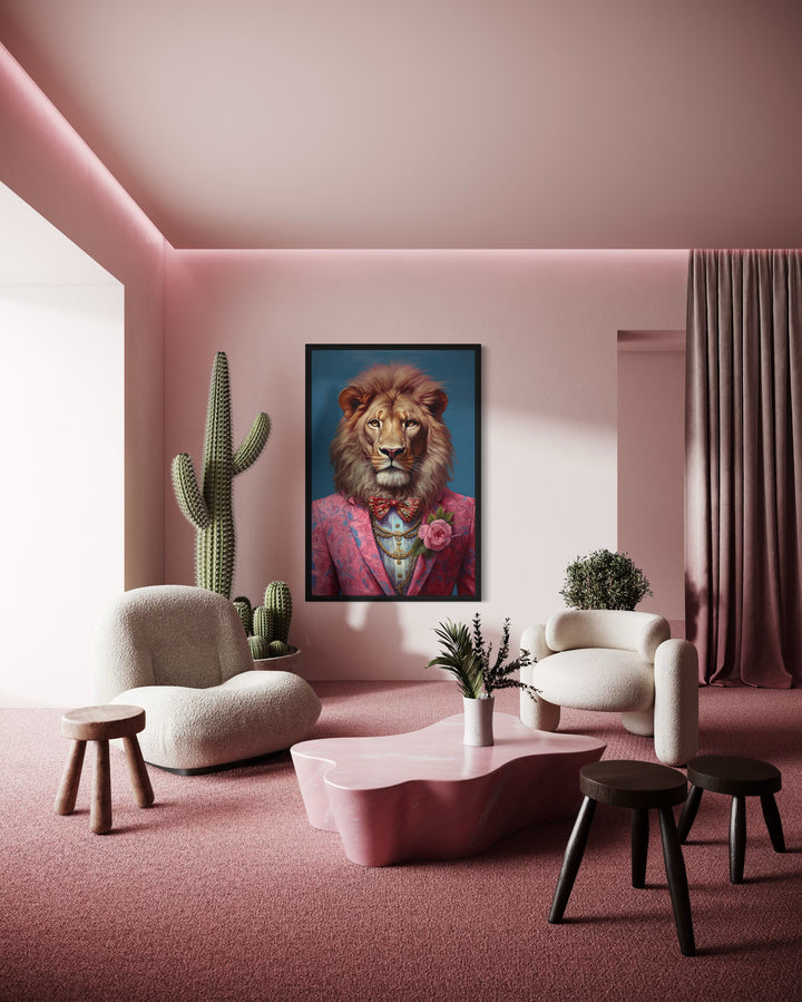 Lion In Pink Suit Maximalist Framed Canvas Wall Art