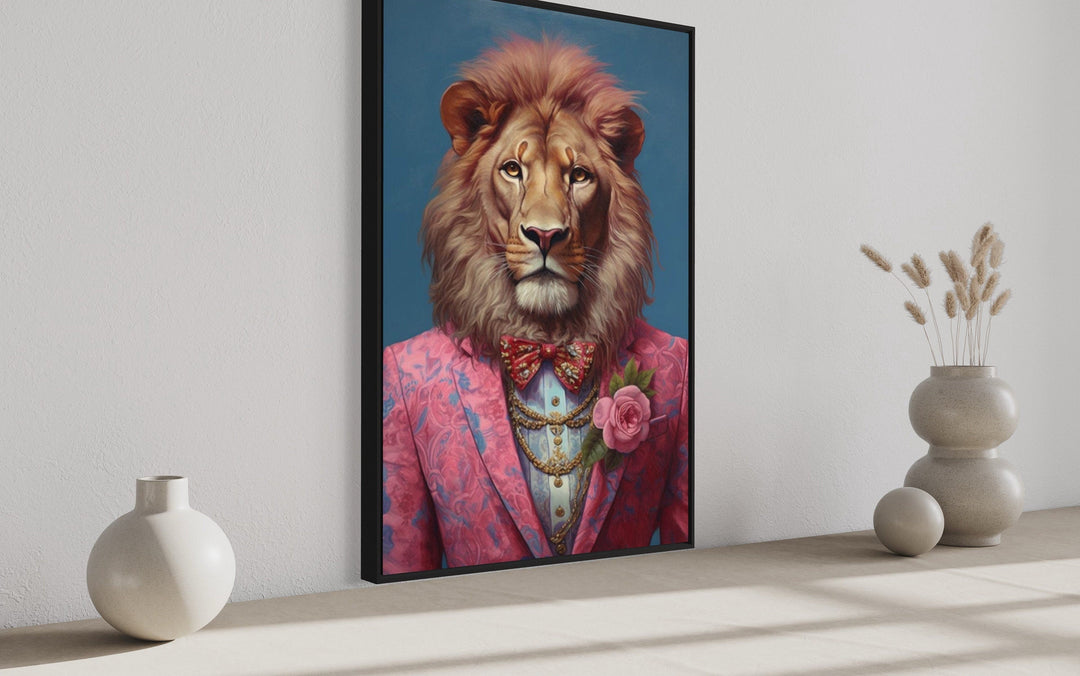 Lion In Pink Suit Maximalist Framed Canvas Wall Art