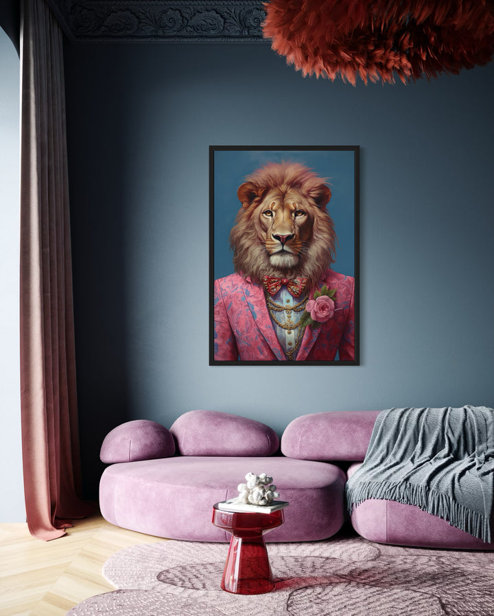 Lion In Pink Suit Maximalist Framed Canvas Wall Art