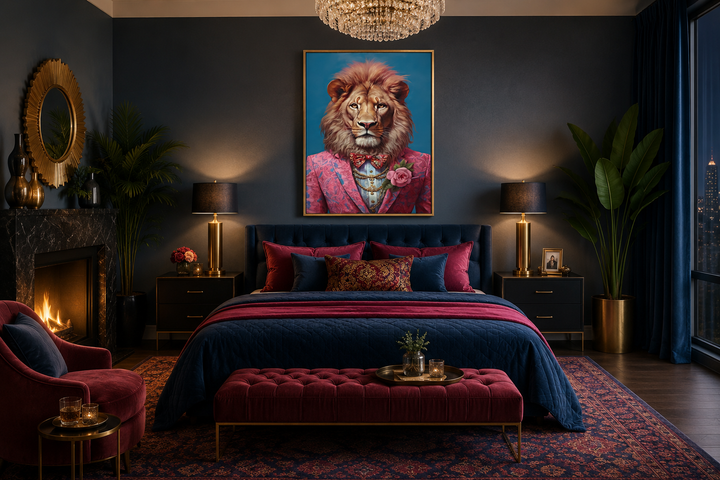 Framed canvas wall art of a lion in a pink suit above a bed in a dark, maximalist bedroom.