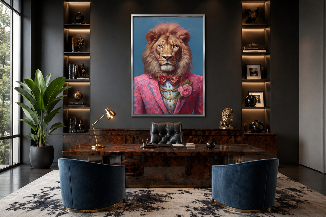 Framed canvas wall art of a lion in a pink suit and bow tie hanging in a dark, modern office.