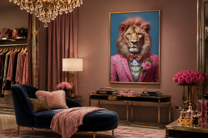 Framed canvas wall art of a regal lion in a pink suit and bowtie, displayed in a stylish room.