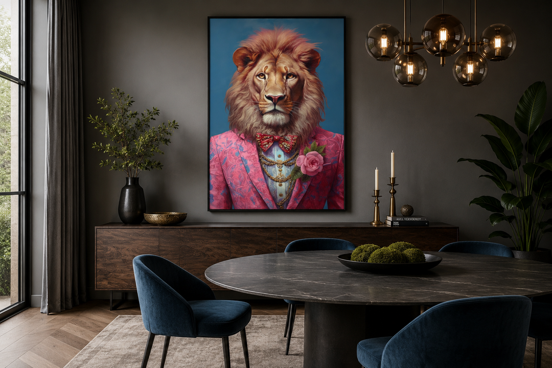 Framed canvas art of a lion in a pink suit hanging in a modern dining room with dark walls.