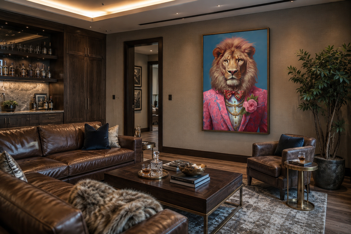 Maximalist framed canvas wall art of a lion in a pink suit and bow tie in a modern lounge.