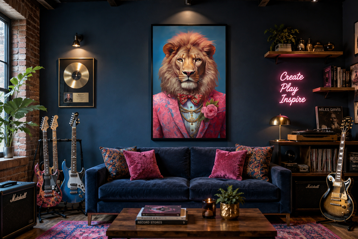Framed canvas art of a lion in a pink suit above a blue sofa in a maximalist music room.