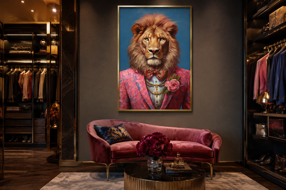 Framed canvas wall art of a lion in a pink suit above a velvet sofa in a walk-in closet.