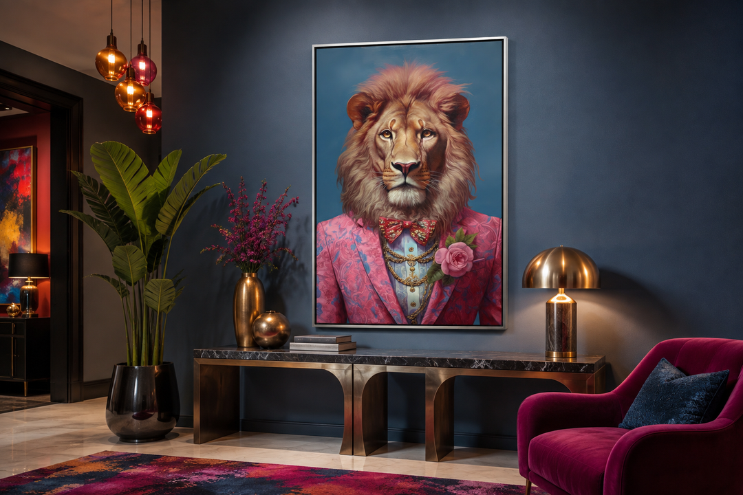 Framed canvas wall art of a lion in a pink suit and bow tie in a maximalist living room.