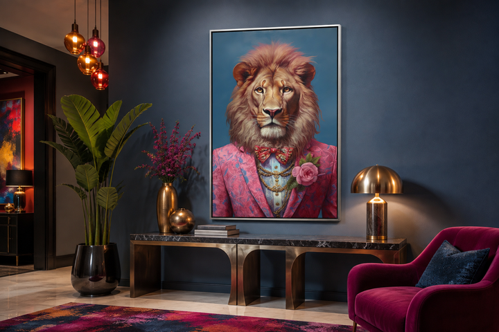 Framed canvas wall art of a lion in a pink suit and bow tie in a maximalist living room.