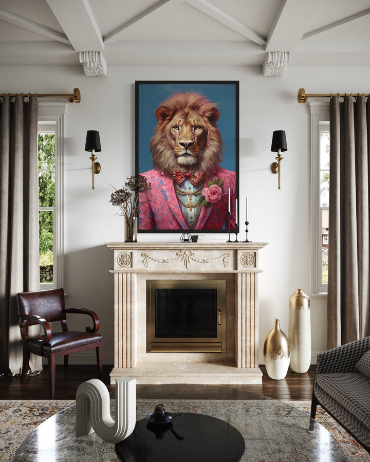 Lion in pink suit maximalist framed canvas wall art hanging above a fireplace in a living room.