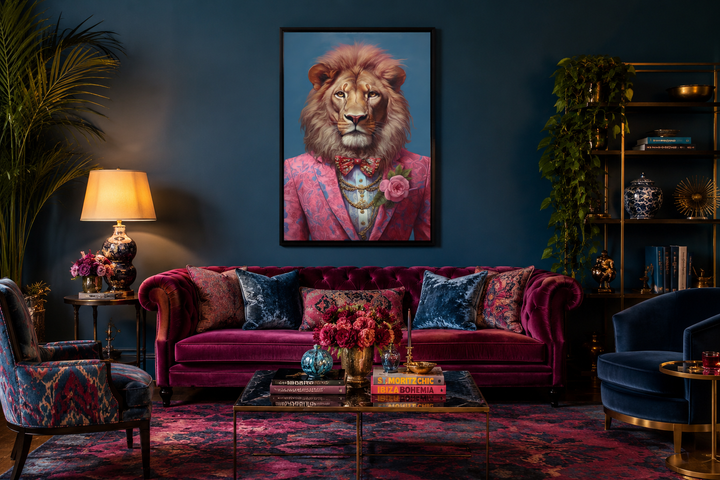 Framed canvas wall art of a lion in a pink suit above a velvet sofa in a maximalist living room.