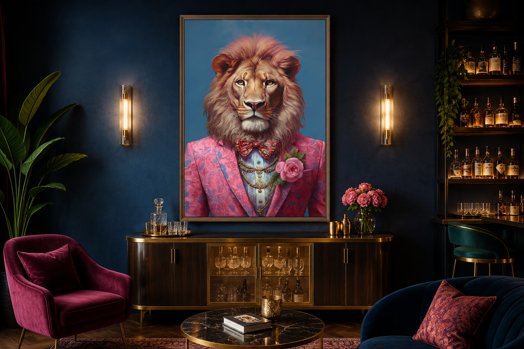 Framed canvas art of a lion in a pink suit and bow tie hanging in a dark blue lounge room.