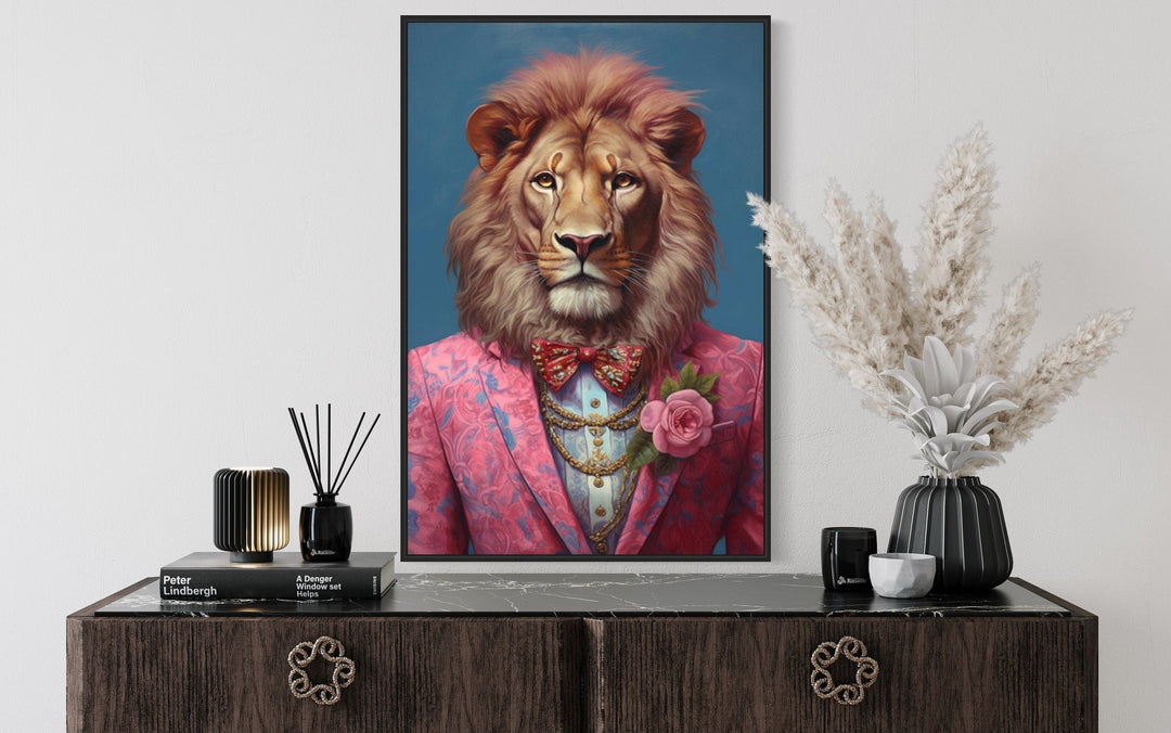 Lion In Pink Suit Maximalist Framed Canvas Wall Art