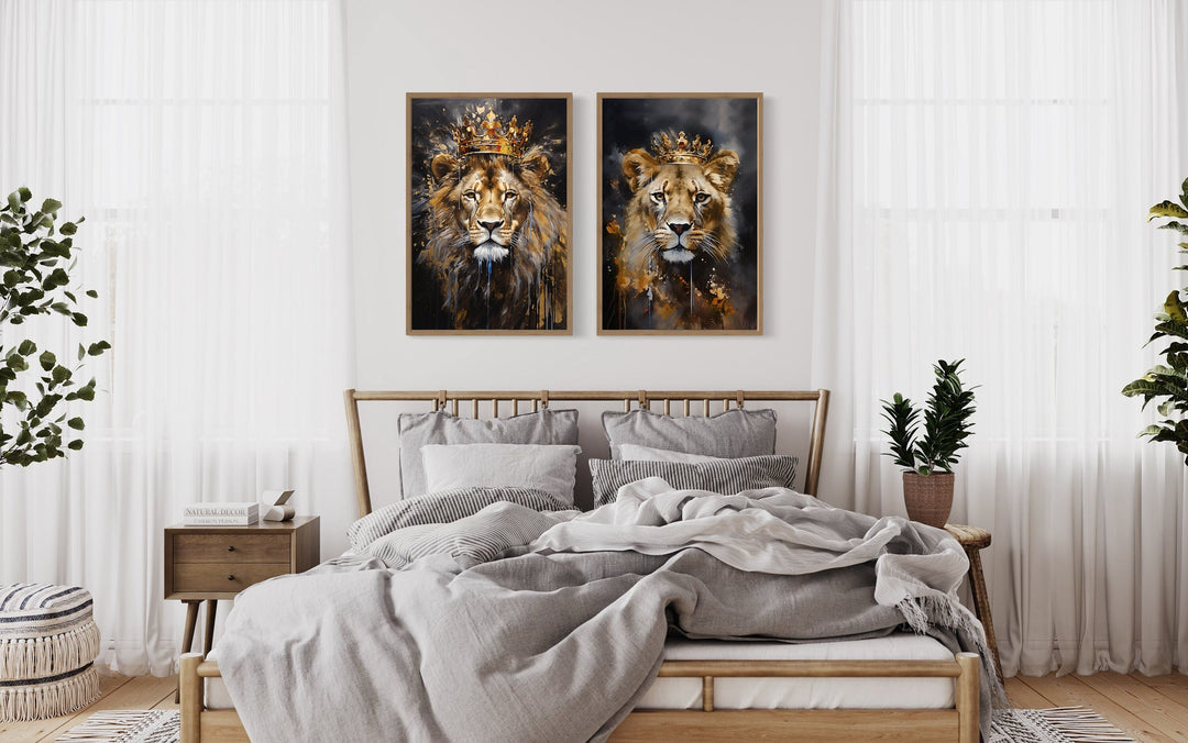 Lion King And Lioness Queen With Crowns Black Gold Framed Canvas Wall Art