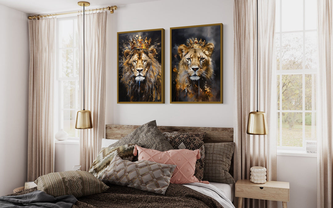 Lion King And Lioness Queen With Crowns Black Gold Framed Canvas Wall Art