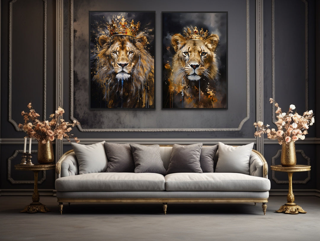 Lion King And Lioness Queen With Crowns Black Gold Framed Canvas Wall Art