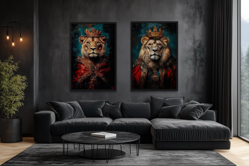 Lion King And Queen Victorian Portrait Set of 2 Wall Art