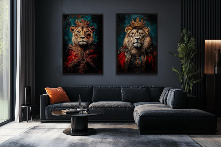 Lion King And Queen Victorian Portrait Set of 2 Wall Art