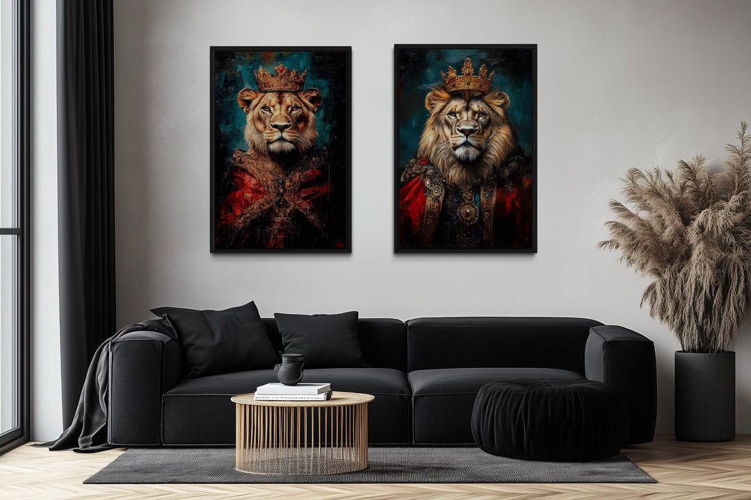 Lion King And Queen Victorian Portrait Set of 2 Wall Art