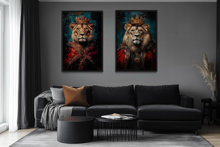 Lion King And Queen Victorian Portrait Set of 2 Wall Art